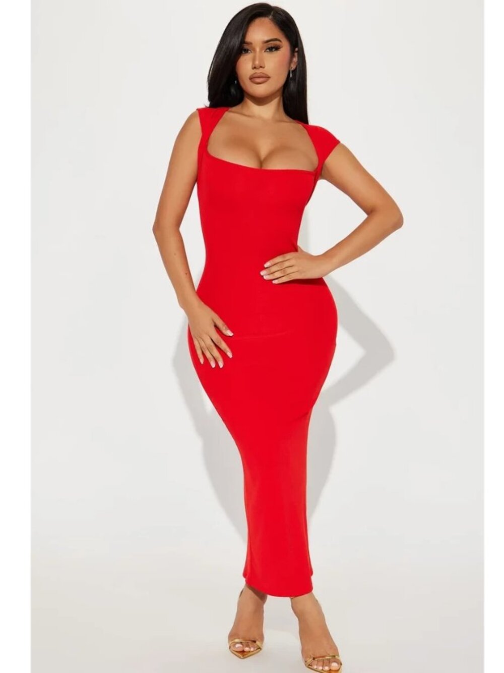 Fashion Nova Hailey Ribbed Midi Dress, Tomato red, XS,